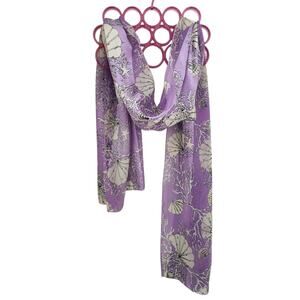 Silk Feel Scarf Purple Silver Black/ Starfish Shells Seaweed 13.5" x 60" Mermaid